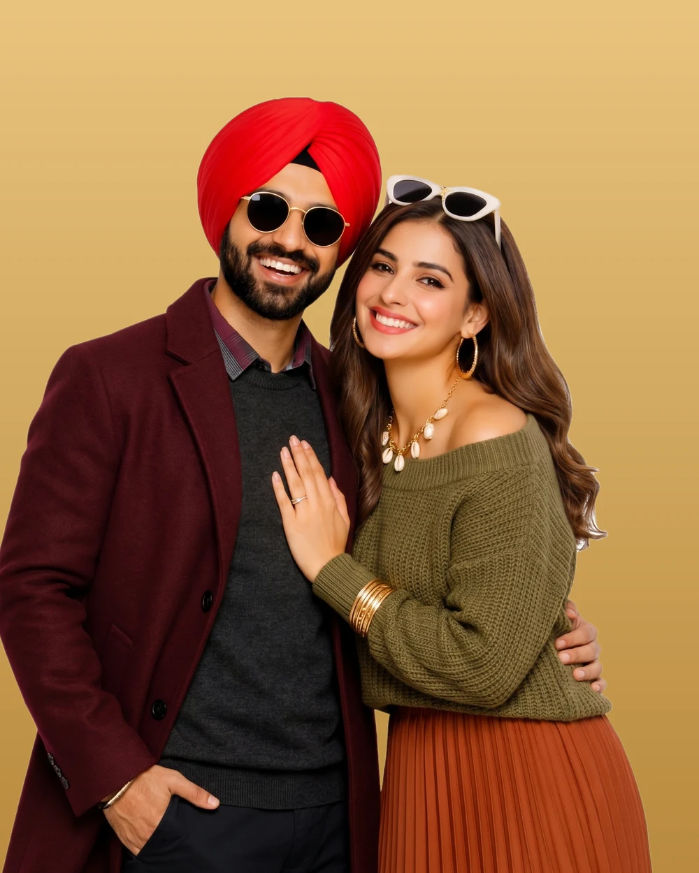 A smiling couple in winter wear, the man in a red turban and maroon overcoat, the woman in an olive knit sweater, from the Wardrobe collection