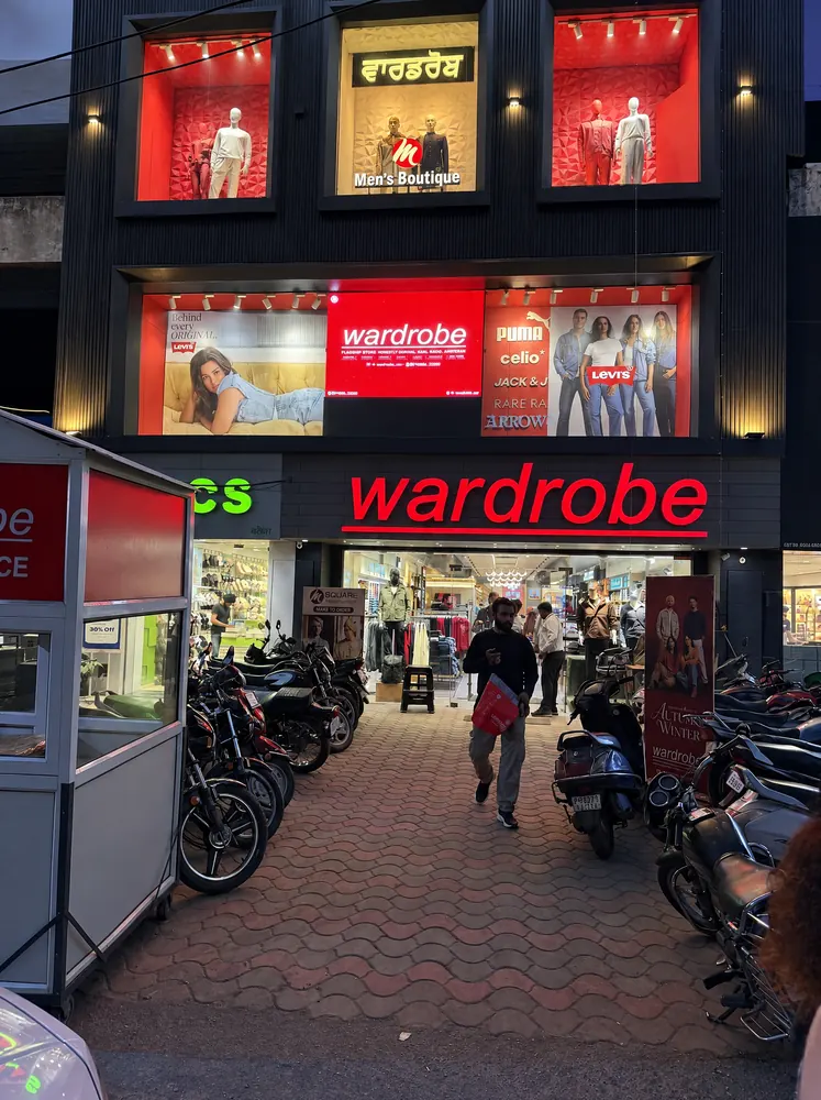 Storefront entrance night, Wardrobe Mall Road, Amritsar